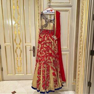 Beautiful Indian Saree Gown Outfit Red Gold Blue Embroidered shalwar kameez suit
